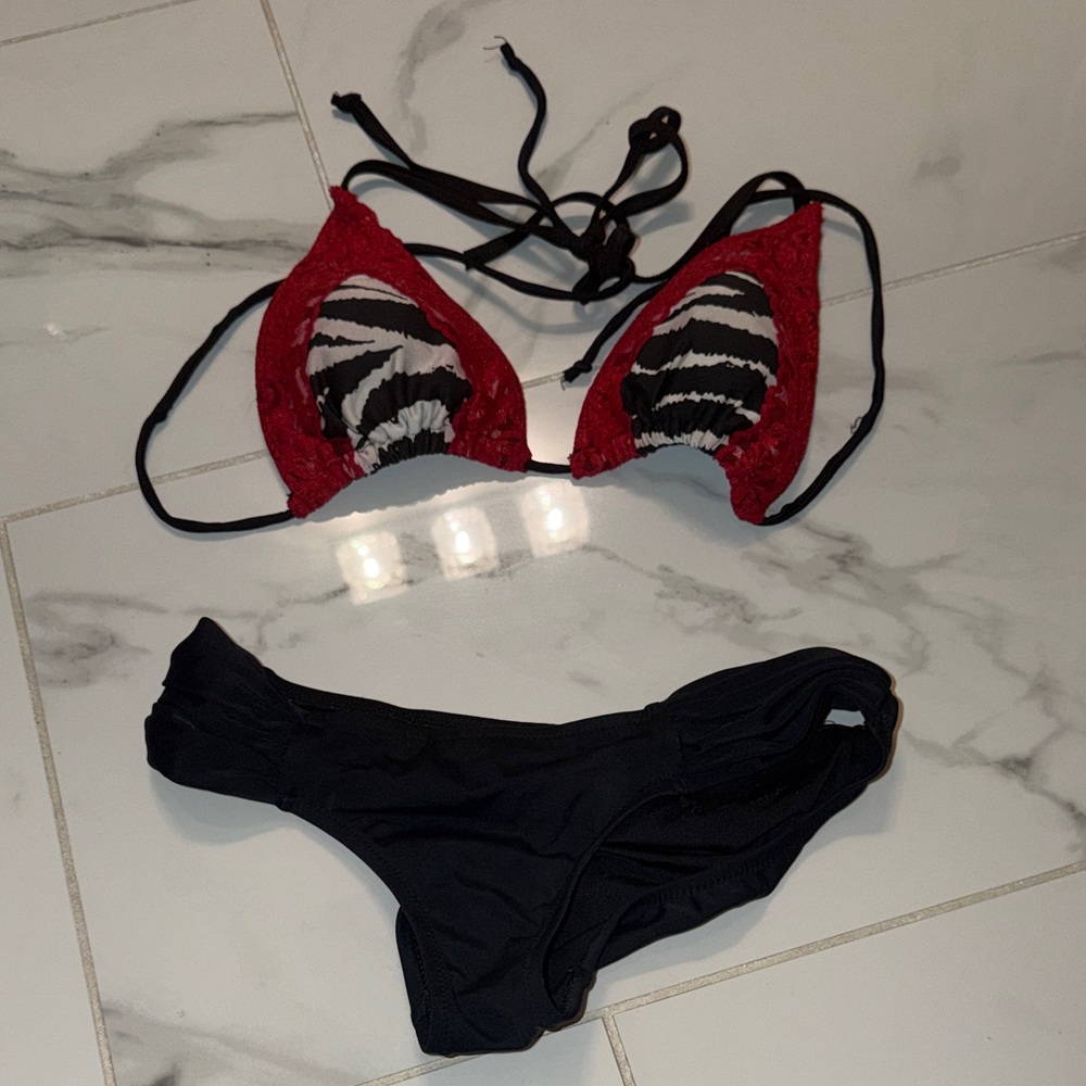 Red Lace Zebra Print Triangle Bikini Top with Black Bottom